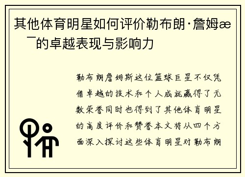 其他体育明星如何评价勒布朗·詹姆斯的卓越表现与影响力