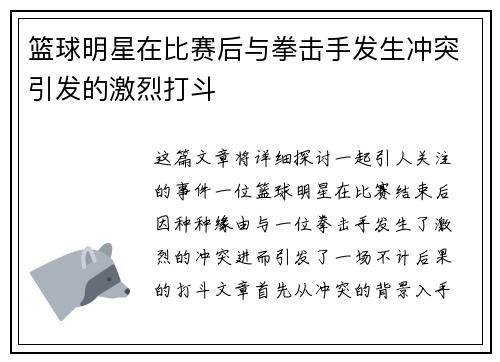 篮球明星在比赛后与拳击手发生冲突引发的激烈打斗